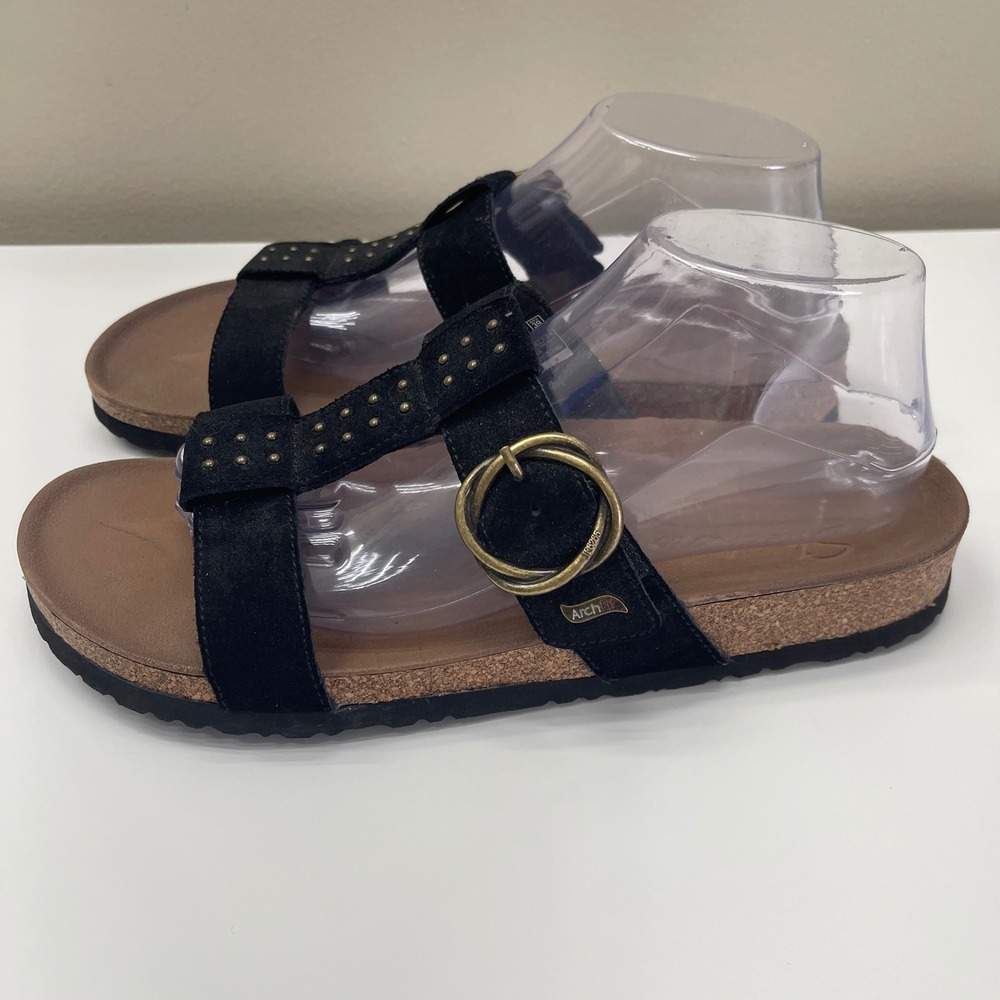 Skechers Sandals 10 Arch Fit Granola Sun-Days Black Suede Studded Slide 163351 - Picture 3 of 9